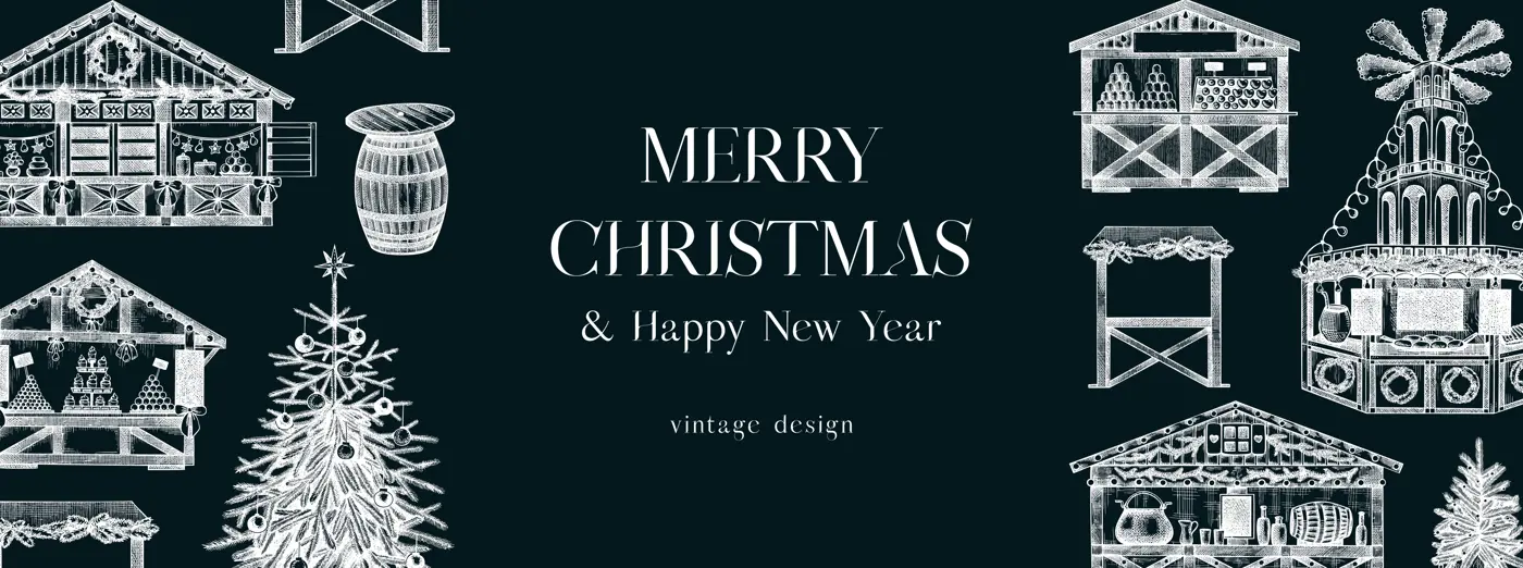 Christmas market background. Hand drawn vector illustration on chalkboard. European holiday marketplace banner design.. Christmas tree, wooden stall kiosk, candy shop, bakery, mulled wine sketches  Illustration